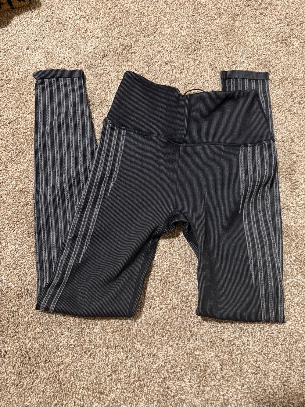 Fabletics Black Ribbed Leggings with Gray Side Stripes